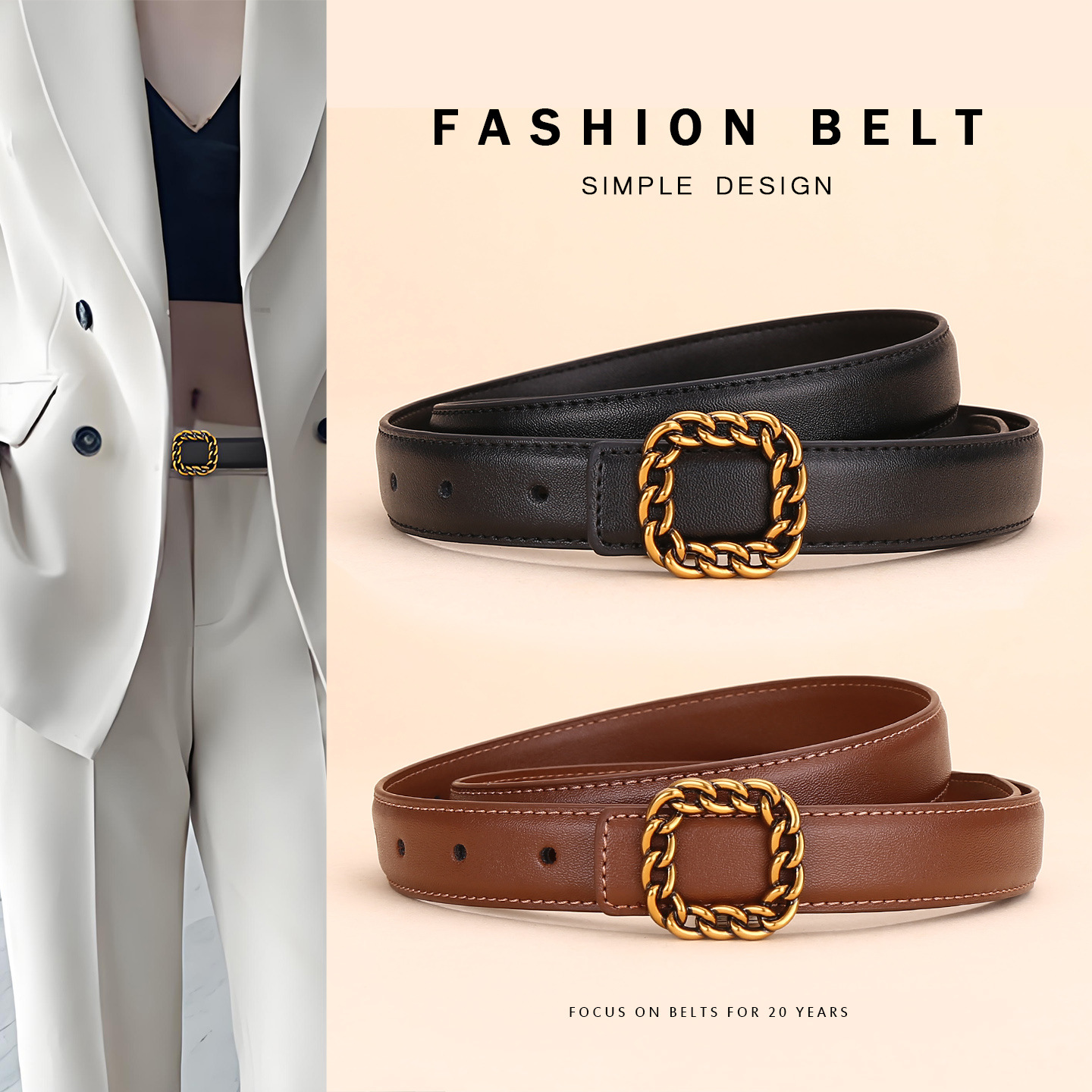 Vintage Fashion Look - Cinturón de Cuero con Hebilla Cuadrada
