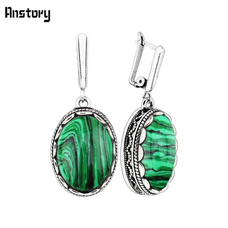 Vintage Fashion Look - Flower Oval Malachite Dangle Earrings Vintage